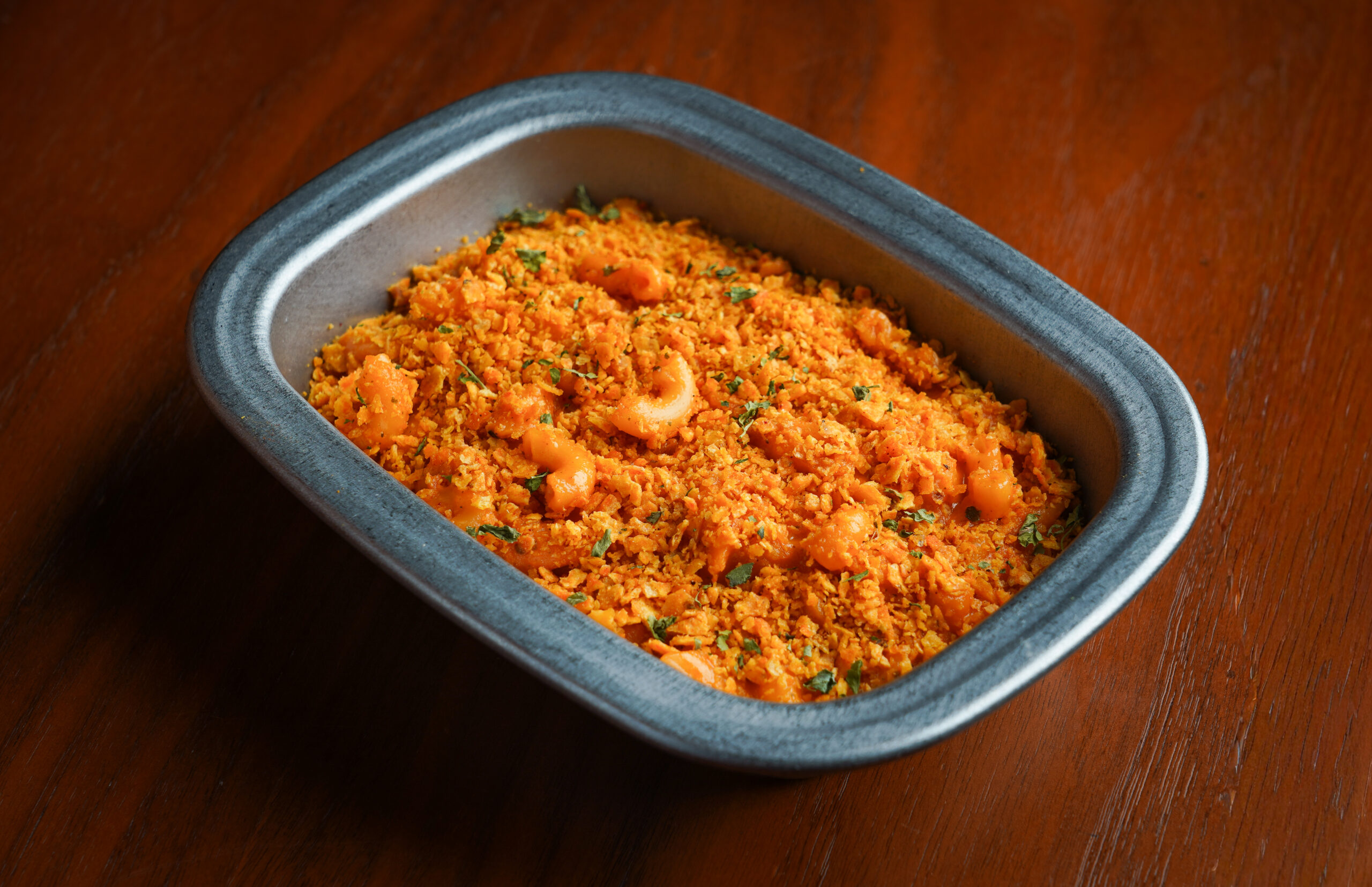 Butter Masala Mac n Cheese, Kasoori Methi Dorito Crust