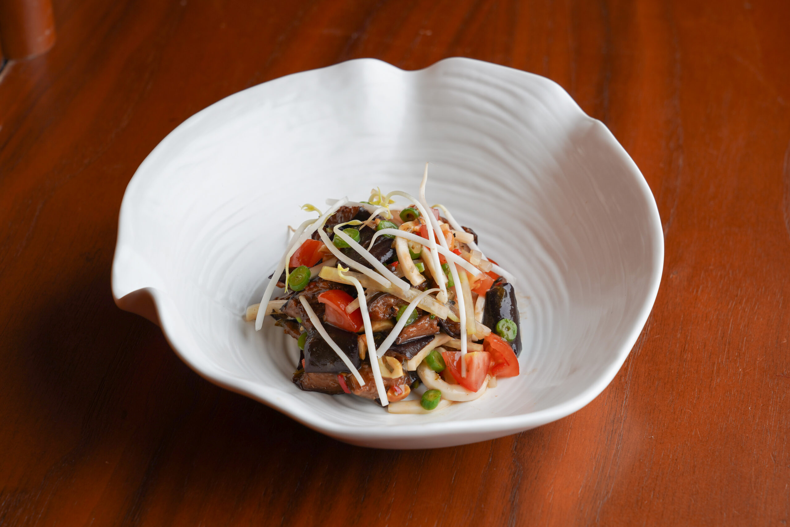 Eggplant Som Tam, Snake Beans, Spiced Imli Dressing