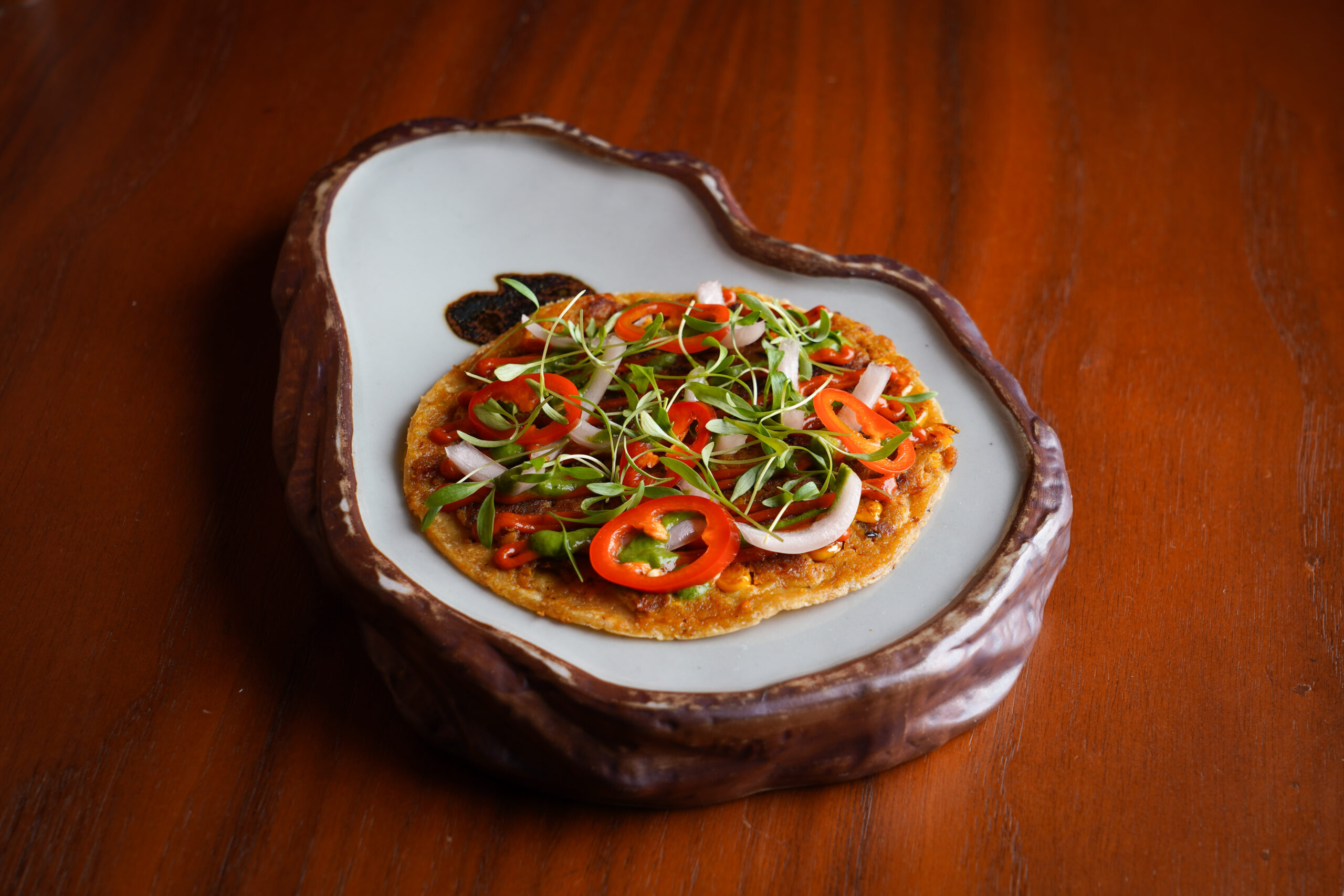 Taco Smashed Jackfruit Shami, Lal Mirch-Pepper Emulsion, Mint Chutney